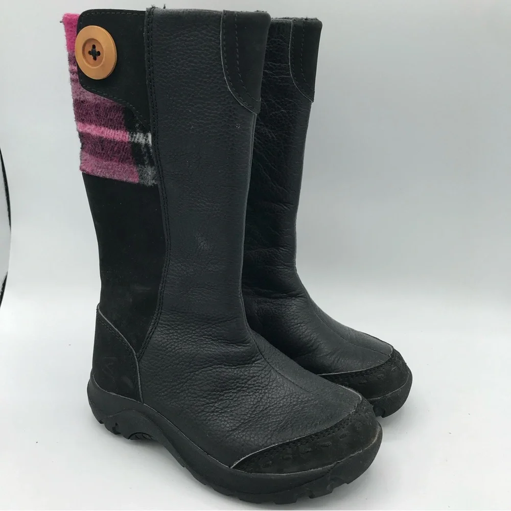 Keen Darby Boots Girls Black Pink Plaid Knee High Boots Sz 10 Leather Full‎ Zip